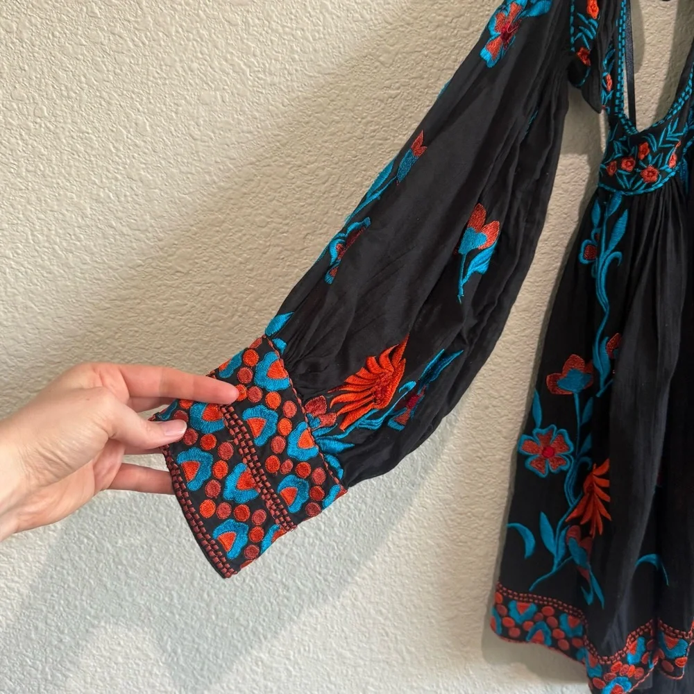 Free People Jasmine Blooms Embroidered Top Womens XS Boho Floral Hippie Colorful